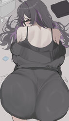 1girl absurdres all fours ass black dress black hair black sweater commentary condom condom wrapper diamond-shaped pupi…