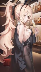 1girl absurdres alcohol alternate costume animal ear hairband animal ears black leotard black pantyhose blonde hair blu…