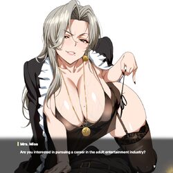 1boy 1girl all fours arm support black pants black thighhighs breasts brown dress bulge cleavage coat coat on shoulders…