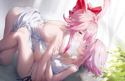 2girls absurdres alternate costume animal ears bare shoulders blue eyes bow bra breasts chinese commentary cleavage com…