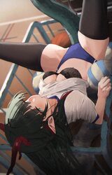 1girl absurdres arknights arknights  endfield ball rack black bra black thighhighs blue buruma bra breasts buruma cloth…