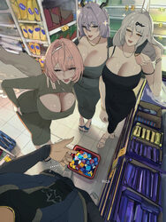 1boy 3girls absurdres alternate costume black horns breasts casual cleavage commentary condom condom wrapper covered na…