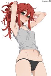 1girl absurdres armpits ass visible through thighs black panties breasts cameltoe gachiakuta green eyes grey shirt high…