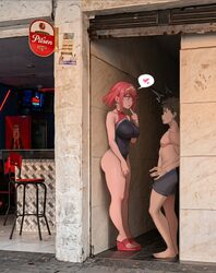 1boy 1girl absurdres achromaru alley bare legs barefoot black one-piece swimsuit breasts commentary curvy finger to mou…