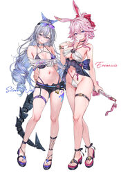 2girls adapted costume alternate costume animal ears arm behind back armpit crease bare shoulders bikini black shorts b…