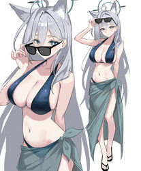 1girl adjusting eyewear alternate costume animal ear fluff animal ears bikini black-framed eyewear blue archive blue bi…