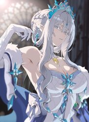 1girl absurdres alternate breast size (larger) anastasya feodorovna snezhnaya armpits bare shoulders blue eyes blurry b…