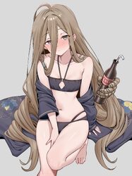 1girl absurdly long hair absurdres ahoge bandaged arm bandages barefoot bikini black bikini blue archive blush breasts …