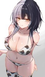 1girl absurdres animal print bikini black hair blunt bangs breasts cleavage closed mouth commentary cow print cow print…