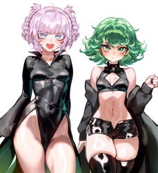 2girls absurdres black cloak black dress black shorts blue eyes blunt bangs braid braided hair rings breasts cloak comm…