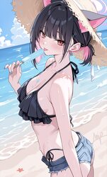 1girl animal ears ass bare shoulders beach bikini bikini bottom under shorts bikini under clothes black bikini black ha…