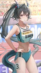 2girls alternate costume arknights arknights  endfield black hair blue buruma blue horns blue sports bra blue tail brac…