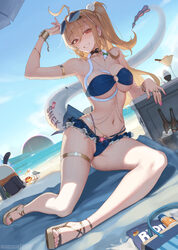 1girl 1other absurdres ahoge alternate costume animal arm up bandeau bangboo (zenless zone zero) beach beach towel beac…
