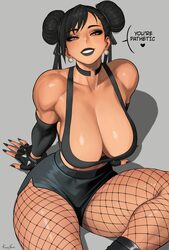 1girl absurdres alternate costume artist name bare shoulders biceps black choker black eyeliner black eyeshadow black g…