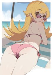 1girl absurdres ass back beach beach towel beach umbrella bikini blonde hair cloud commentary darly (heh liman) fang ha…