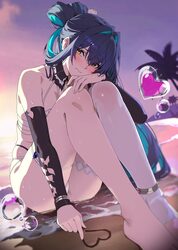 1girl ankle aqua hair ass barefoot beach bikini black sleeves blush bubble closed mouth colored inner hair commentary d…