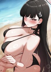 1boy 1girl alternate costume ass beach bikini black bikini black choker black hair blue archive blush breasts bright pu…