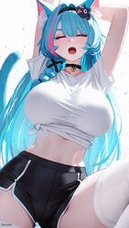 1girl absurdres alternate costume animal ear fluff animal ears aqua hair arms up black choker black shorts breasts cat …