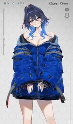 1girl absurdres black hair blue coat blue eyes blue hair breasts character name closed mouth coat colored inner hair co…