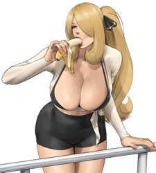 1girl absurdres alternate breast size (larger) banana in mouth bent over blonde hair breasts cleavage commentary reques…