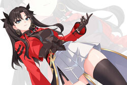 1girl black thighhighs blue eyes brown gloves brown hair brown shirt closed mouth commentary cropped jacket dutch angle…