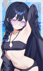1girl absurdres arm up armpit focus armpits bikini black bikini black coat black hair blue archive blue eyes blurry blu…