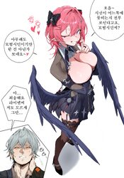 1boy 1girl absurdres arm under breasts black dress black shrug black thighhighs black wings breasts commentary request …