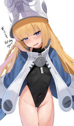 1girl absurdres black leotard blonde hair blue coat blue eyes blue jacket blush breasts coat covered navel cowboy shot …