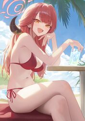 1girl absurdres alternate costume aru (blue archive) bare arms bare legs beach bell bikini blue archive breasts cloud c…