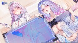 2girls absurdres anchor print artist request azur lane blue hair blue panties blue pants blue shirt blush breasts clipb…