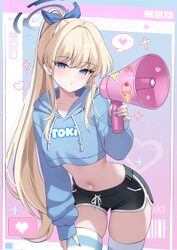 1girl absurdres alternate costume black shorts blonde hair blue archive blue eyes blue nails commentary cowboy shot cro…
