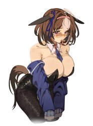 1girl @ @ absurdres ahoge animal ears bad id bad twitter id between breasts black leotard blue jacket blush breasts bro…