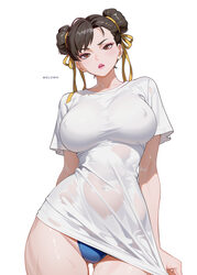 1girl absurdres artist name bikini blue bikini breasts brown eyes brown hair chun-li commentary covered nipples cowboy …