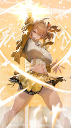 1girl absurdres anis (nikke) anis (star) (t.t. star) (nikke) arm up breasts brown hair closed mouth commentary crop top…