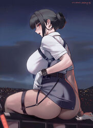1girl arm tattoo ass belt black belt black hair blue skirt blush breasts cloud cloudy sky d (killer wife) (secret polic…