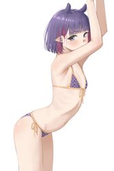 1girl absurdres armpits arms up bikini blue eyes blunt bangs bob cut colored inner hair flat chest from side front-tie …