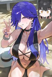 2girls absurdres alternate costume arm up bangle barefoot black hair black slingshot swimsuit bracelet breasts cleavage…