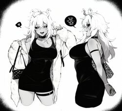 1girl absurdres ashido mina bag boku no hero academia breasts coat dress english text fur coat greyscale hair between e…