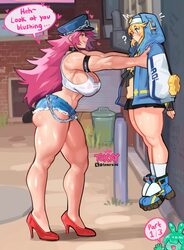 1boy 1girl ? against wall artist name assertive female big hair blonde hair breasts bridget (guilty gear) broad shoulde…