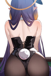 1girl alternate costume animal ears ass bare shoulders black leotard blush brown pantyhose chahanramen commentary ear b…