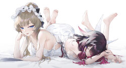 2girls absurdres alternate costume arm support bare shoulders barefoot black hair blue eyes breasts chinese commentary …