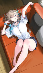 1girl asuna (blue archive) asuna (school uniform) (blue archive) asymmetrical bangs bare legs barefoot blonde hair blue…