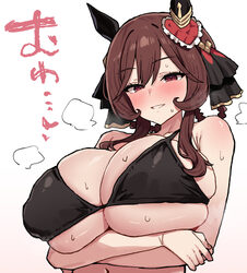 1girl animal ears arms under breasts bikini black bikini black ribbon blush braid braided hair rings breasts brown hair…