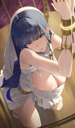 1girl absurdres blue eyes blue hair bound bound wrists breasts chain cleavage commentary dress furrowed brow highres ho…