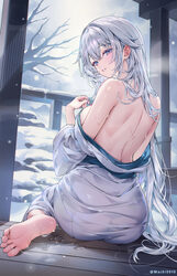 1girl armpit crease back barefoot blue eyes blue nails blush breasts breath chinese commentary clothes down commentary …