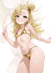 1girl  d absurdres alternate costume bare arms bare shoulders bikini blonde hair blush breasts gold bikini golden week …