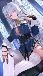 1girl absurdres black gloves blue dress breasts cleavage closed mouth commentary crossed legs dress english commentary …