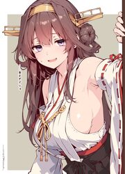 1girl armpits border breasts brown hair commentary detached sleeves grey background hairband headgear highres kantai co…