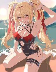 1girl absurdres alternate costume arm up barefoot black one-piece swimsuit blonde hair blush breasts claret flint cleav…
