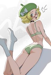 1girl absurdres artist name ass beret bianca (pokemon) blonde hair bra breasts commentary crotch seam english commentar…
